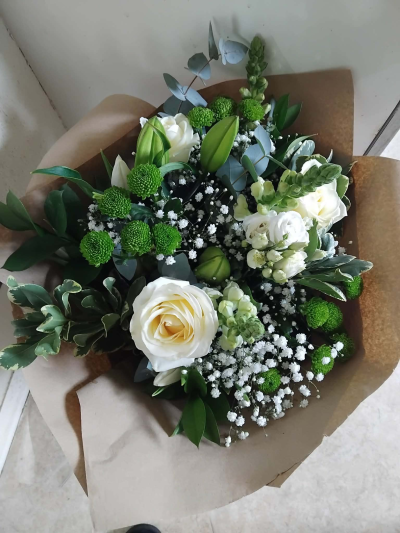 Calm and collected - A mixture of white and green Seasonal flowers